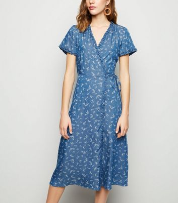Blue Denim Ditsy Floral Midi Wrap Dress New Look shop for Blue Denim Ditsy Floral Midi Wrap Dress New Look at Shopo