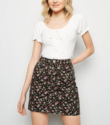 Black Floral Denim Mini Skirt | New Look