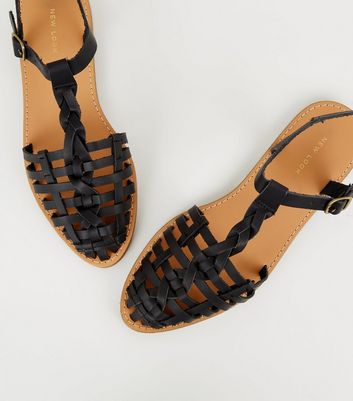 Black Leather-Look T-Bar Caged Sandals 