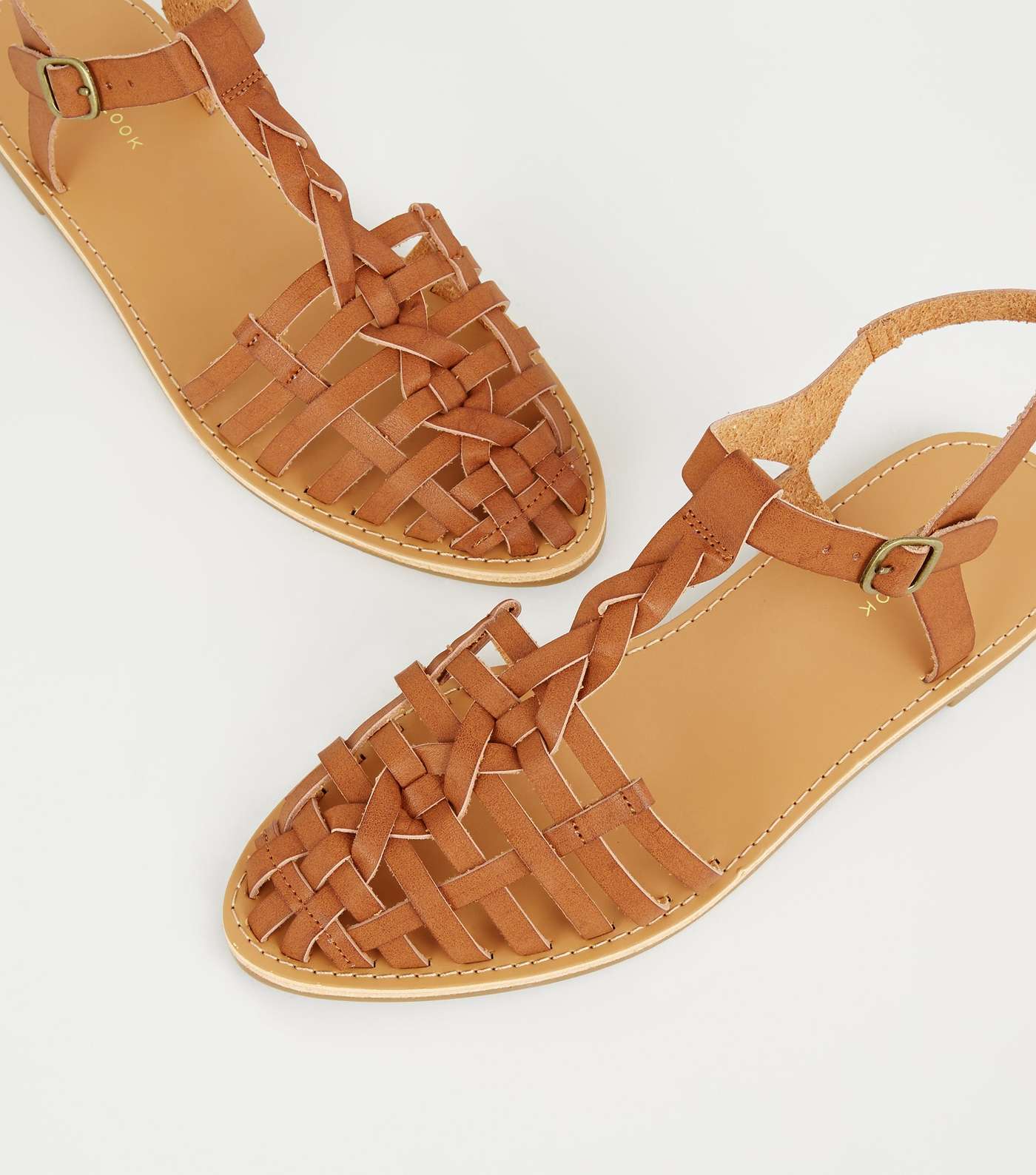 Tan Leather-Look Woven T-Bar Caged Sandals Image 4