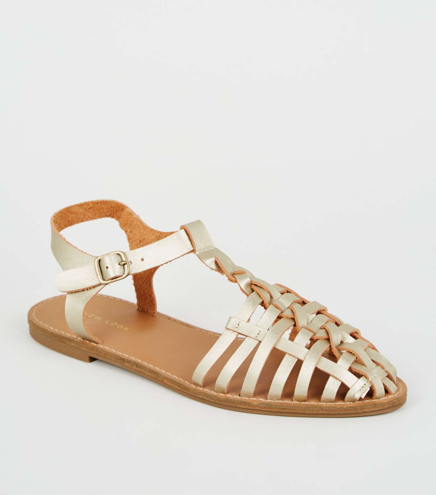 Gold Leather-Look T-Bar Caged Sandals