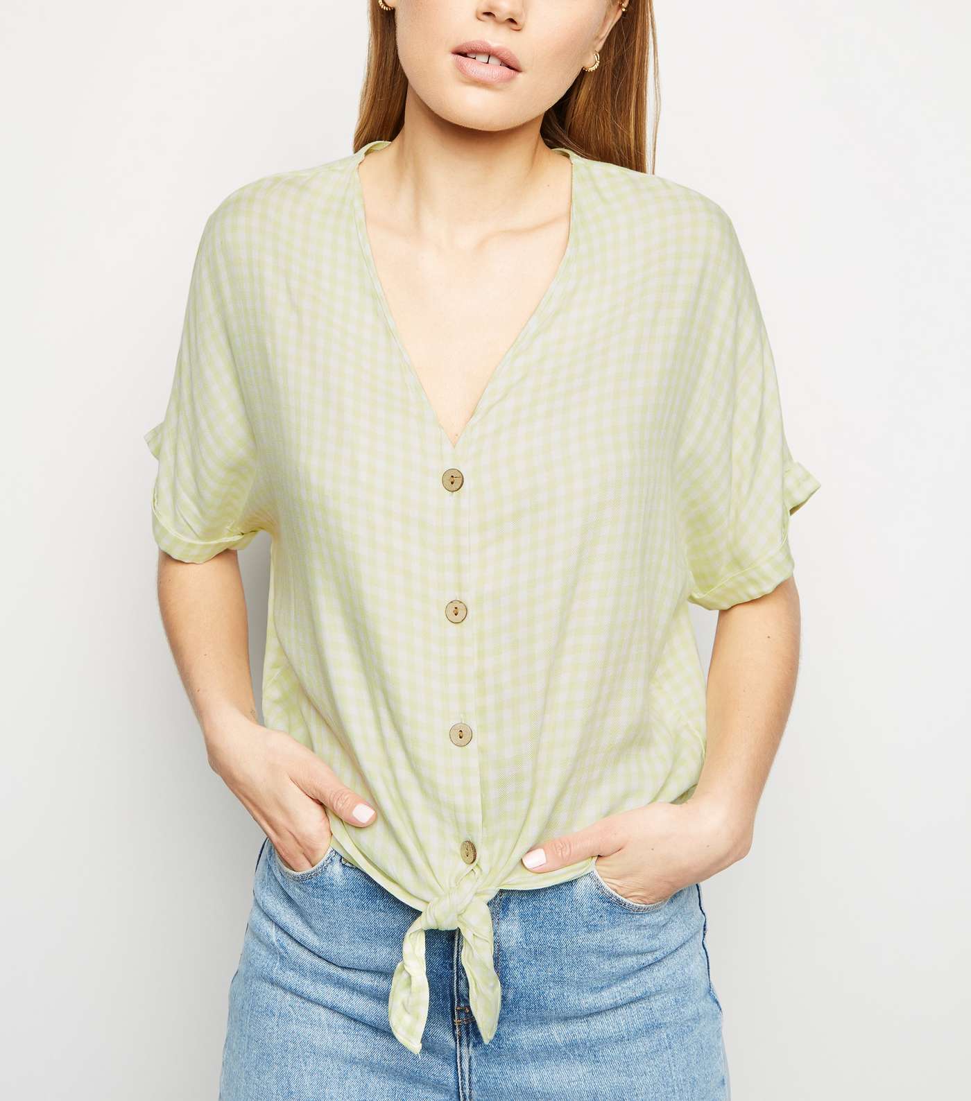 Light Green Gingham Tie Front Shirt Image 5
