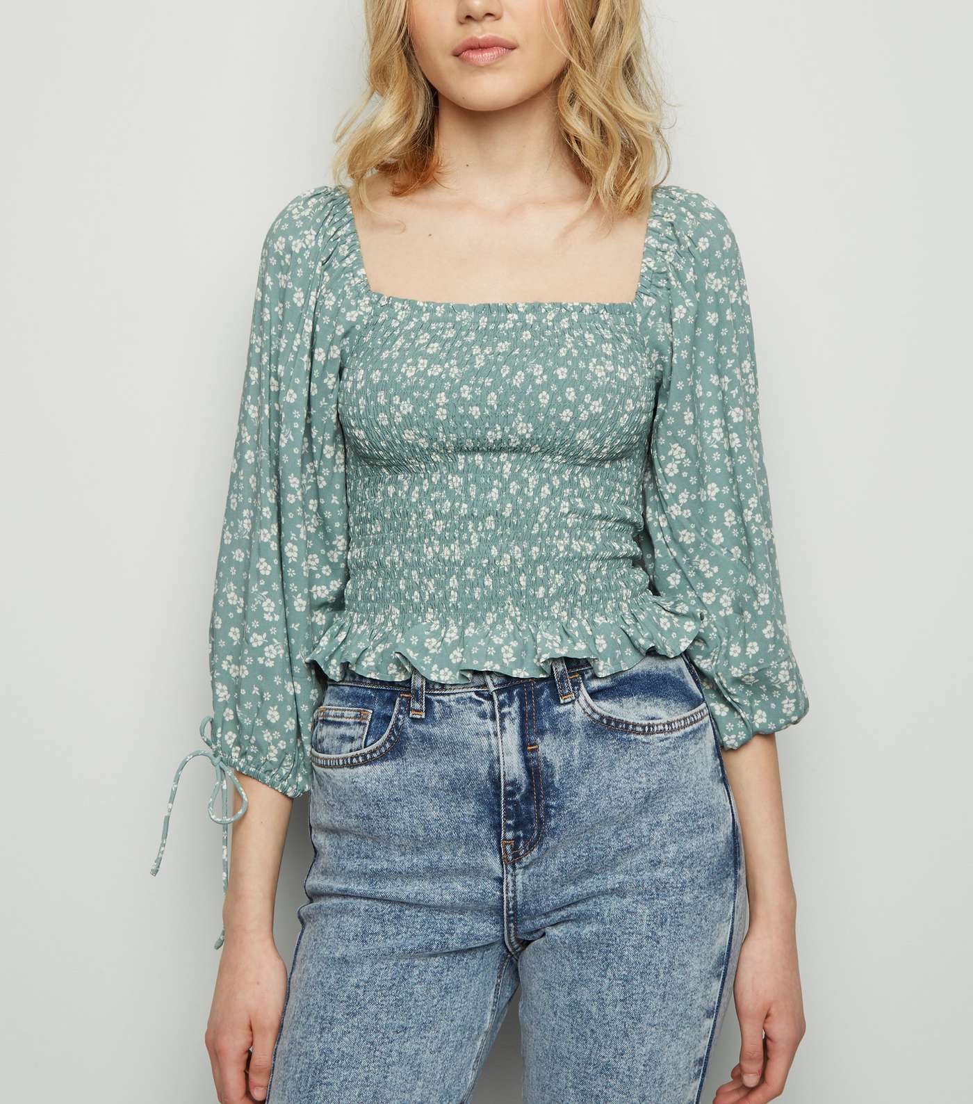 Green Floral Shirred Milkmaid Top 