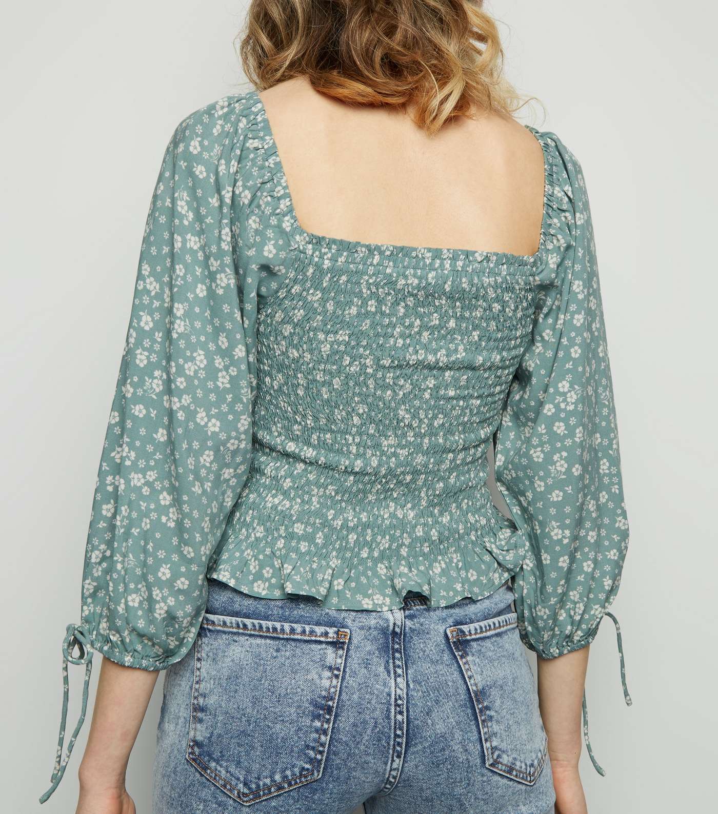 Green Floral Shirred Milkmaid Top  Image 3
