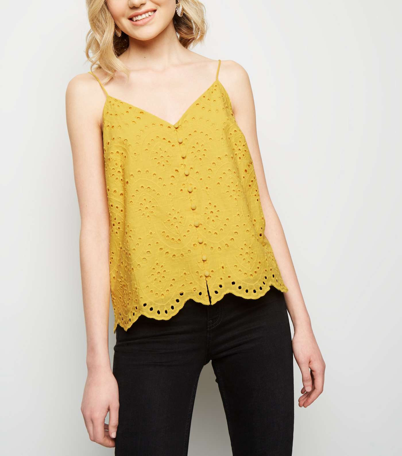 Yellow Broderie Button Front Cami