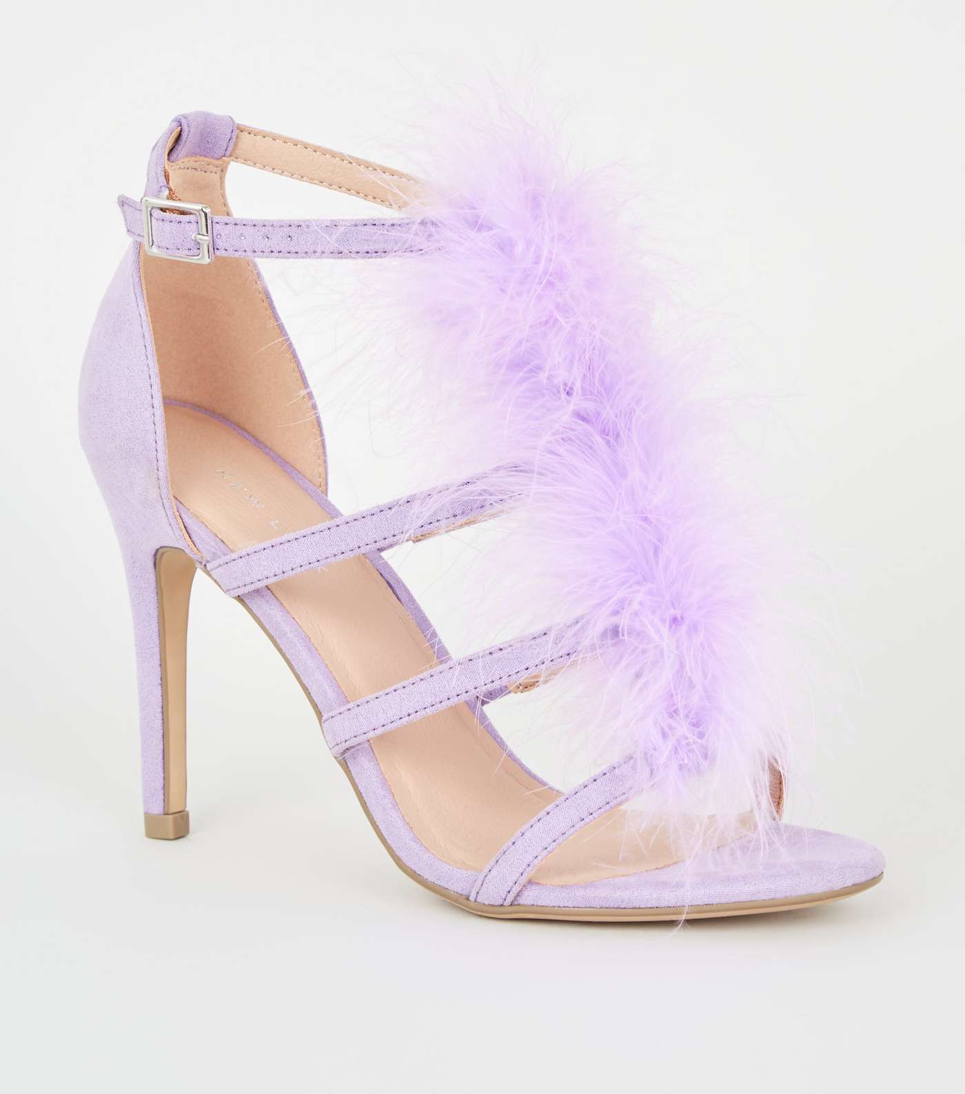 Lilac Feather Trim Caged Stiletto Heels