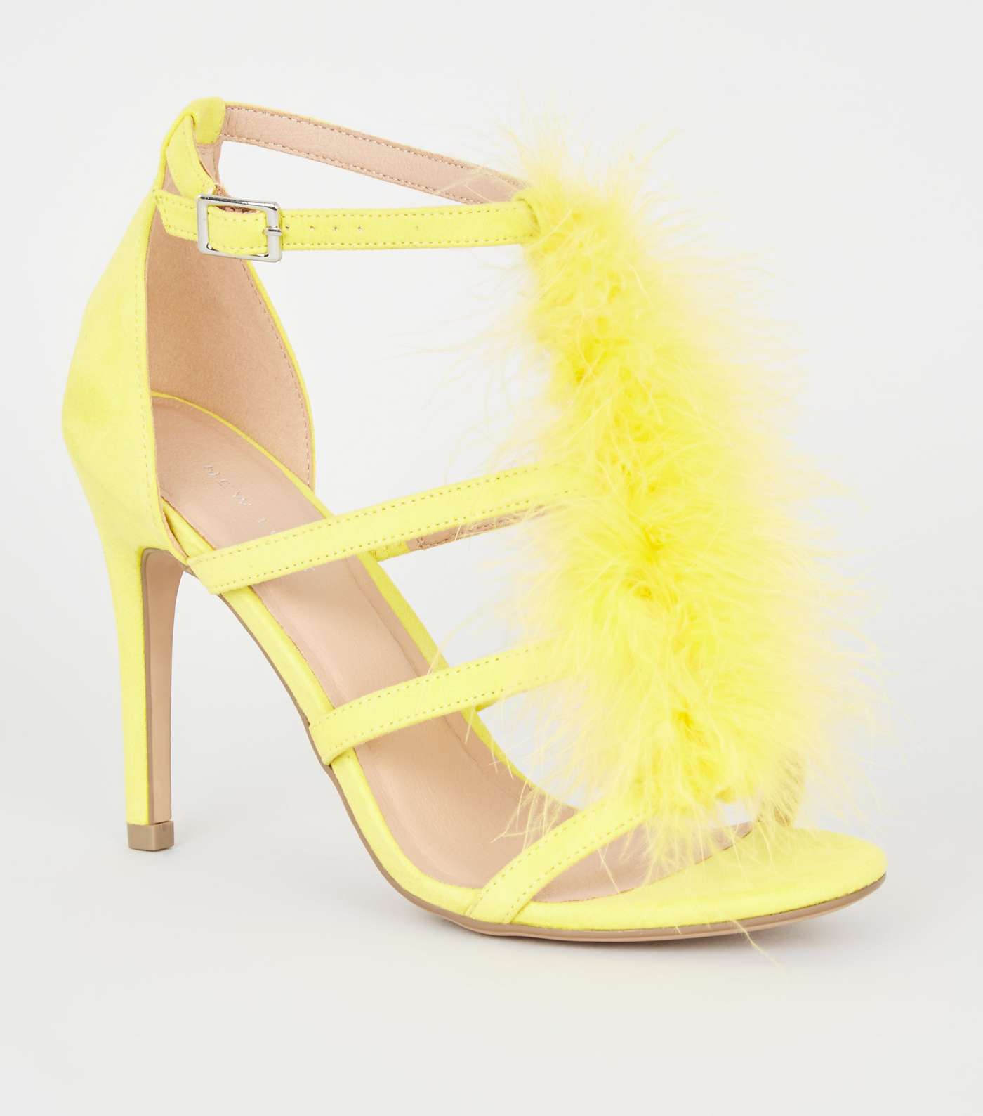 Yellow Feather Trim Caged Stiletto Heels