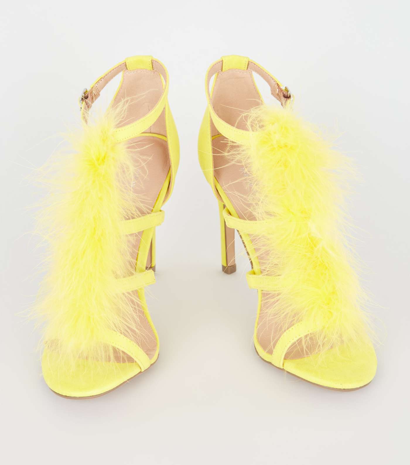 Yellow Feather Trim Caged Stiletto Heels Image 3