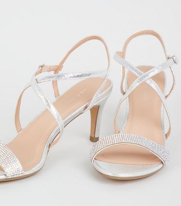 Silver Metallic Diamante Strappy Heels New Look