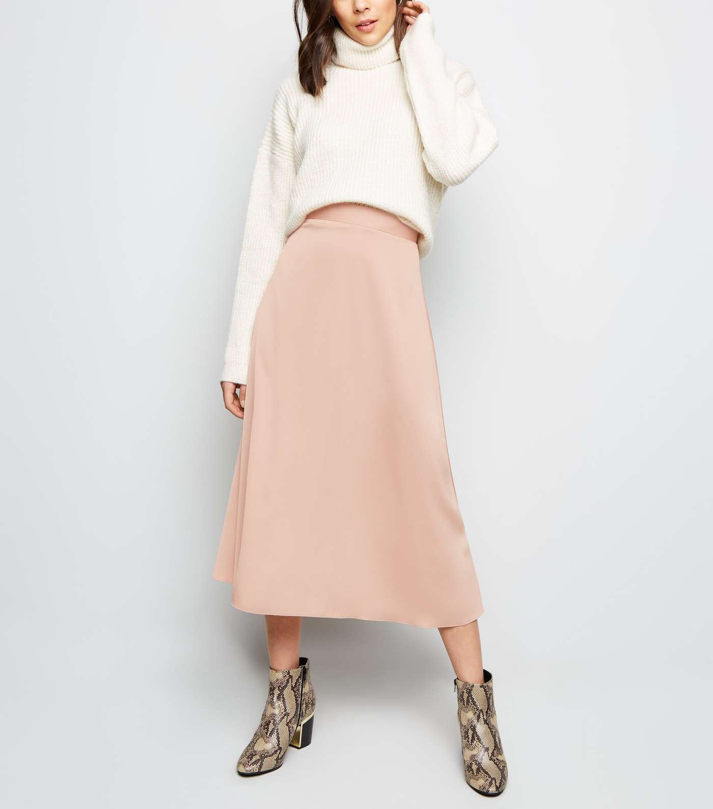 Pale Pink Satin Midi Skirt 