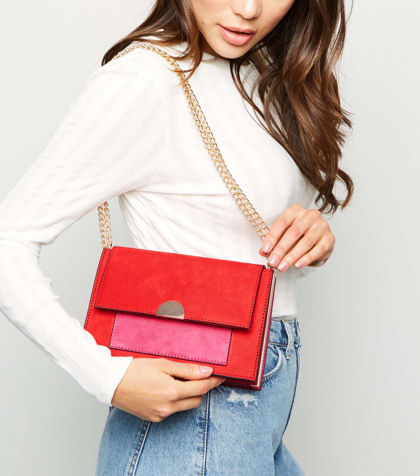 Red Colour Block Chain Shoulder Bag  Image 2