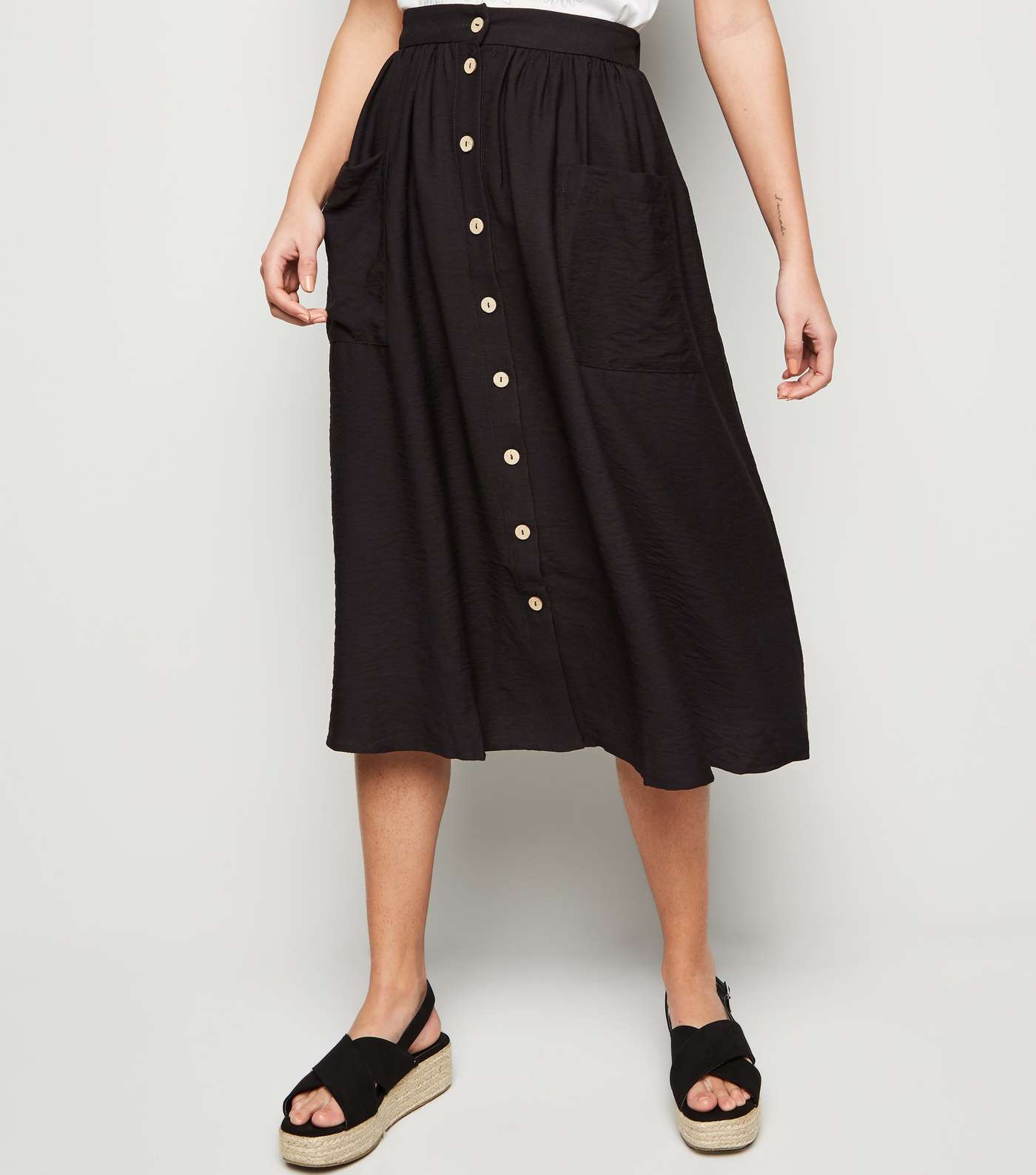 Black Button Pocket Front Midi Skirt  Image 2