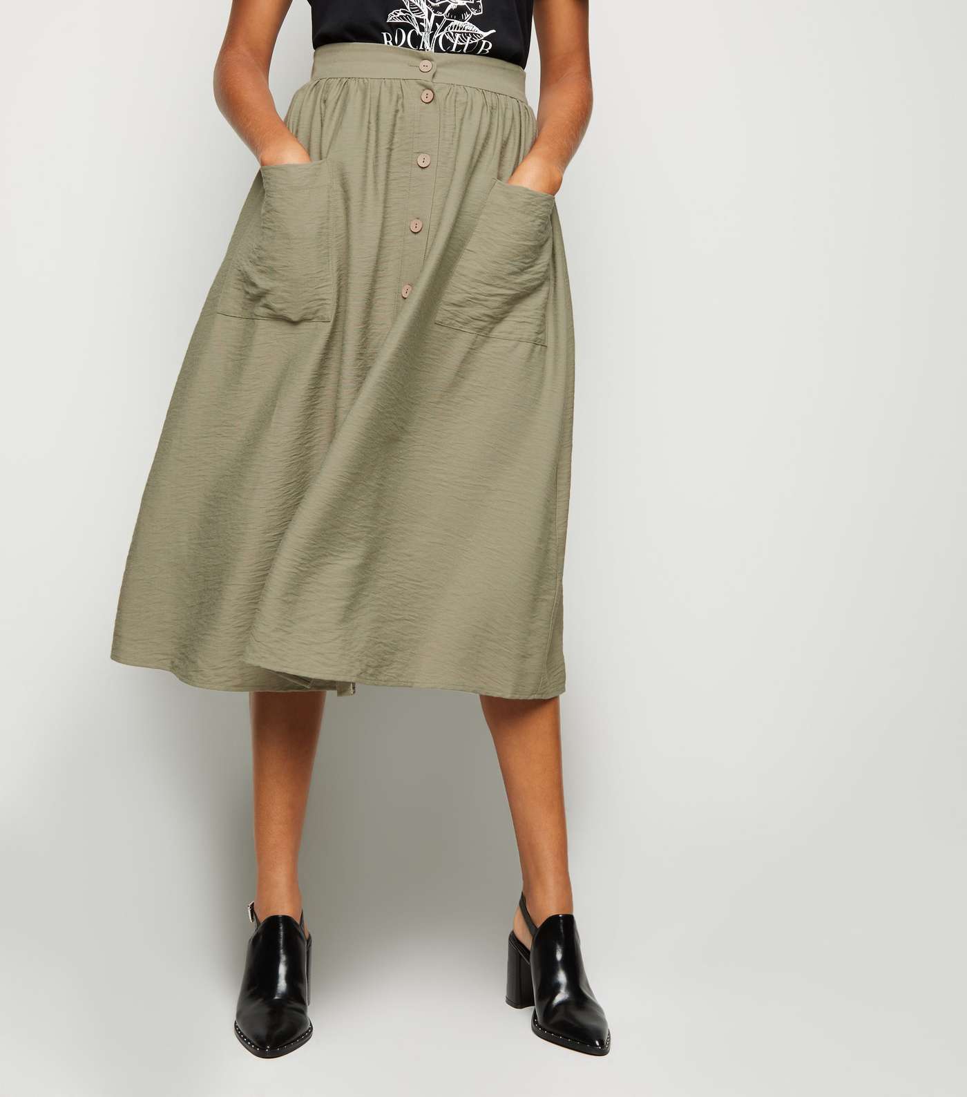 Olive Button Pocket Front Midi Skirt Image 2