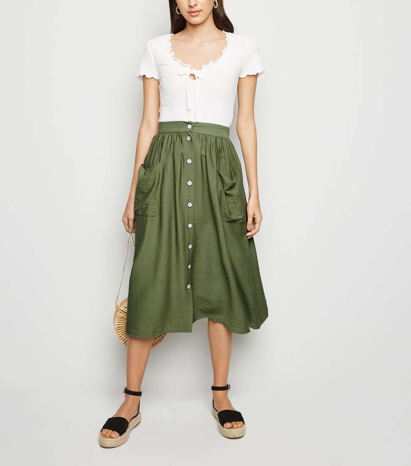 Khaki Button Pocket Front Midi Skirt