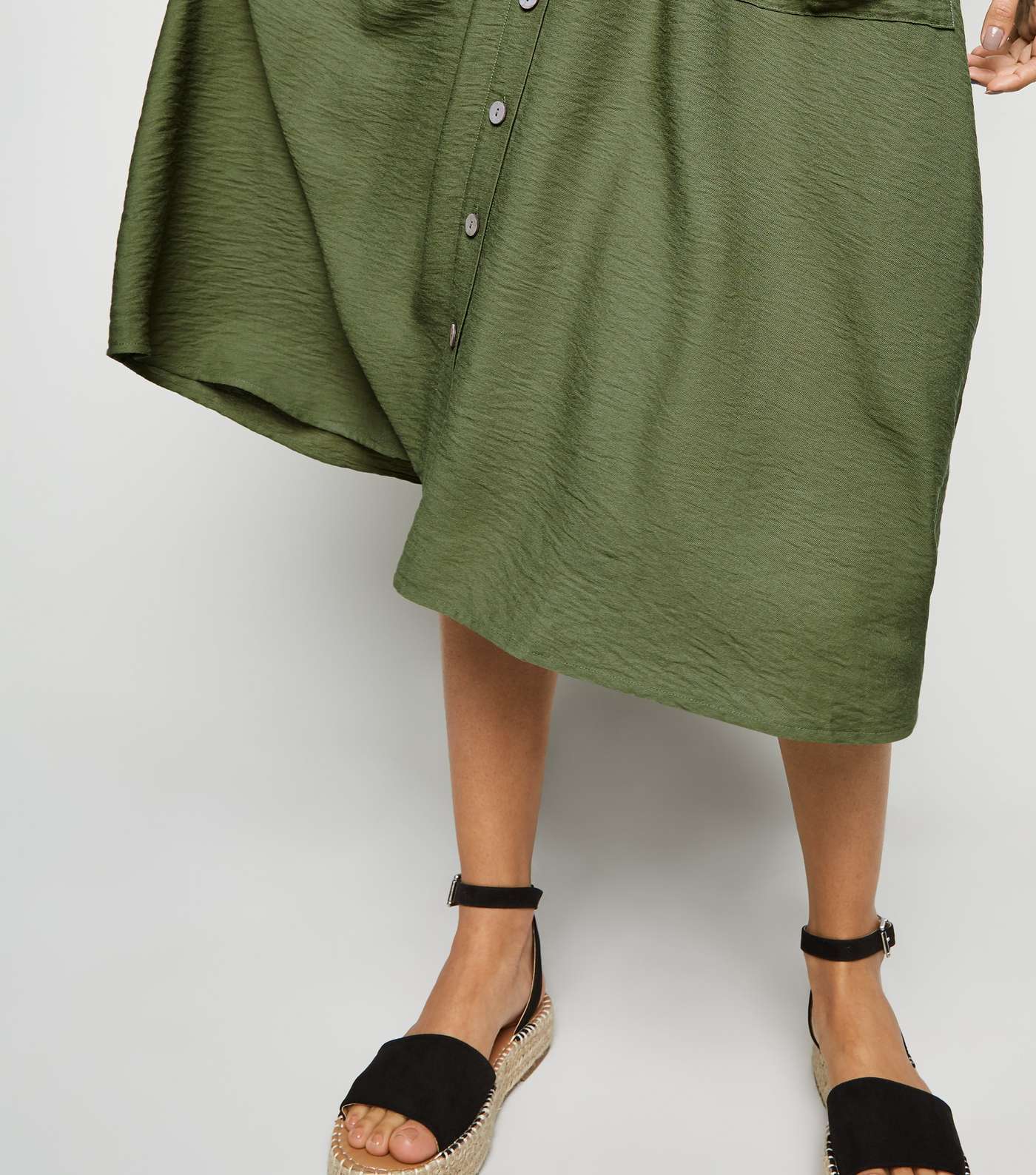 Khaki Button Pocket Front Midi Skirt Image 5