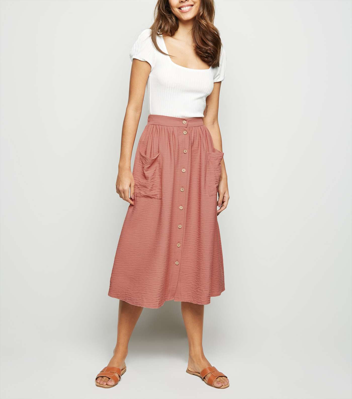 Pale Pink Button Pocket Front Midi Skirt 