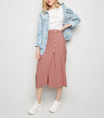 pink denim midi skirt