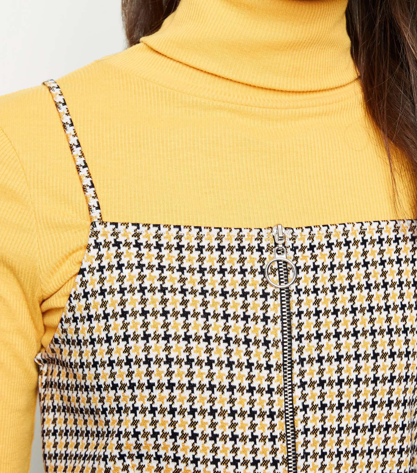 Mustard Jacquard Check Strappy Pinafore Dress Image 5
