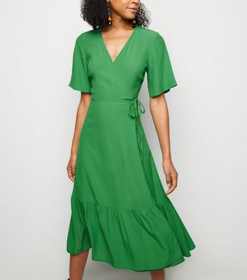 Green Tiered Midi Wrap Dress | New Look