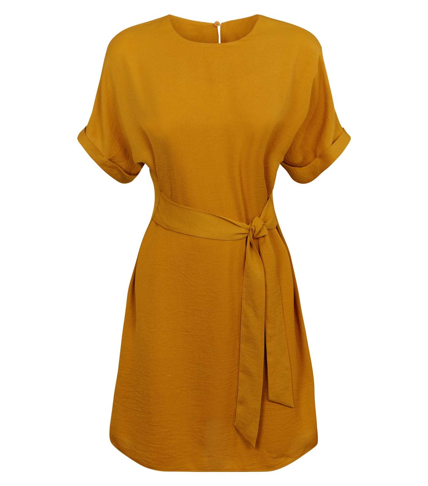 Mustard Herringbone Tie Waist Tunic Dress Image 4