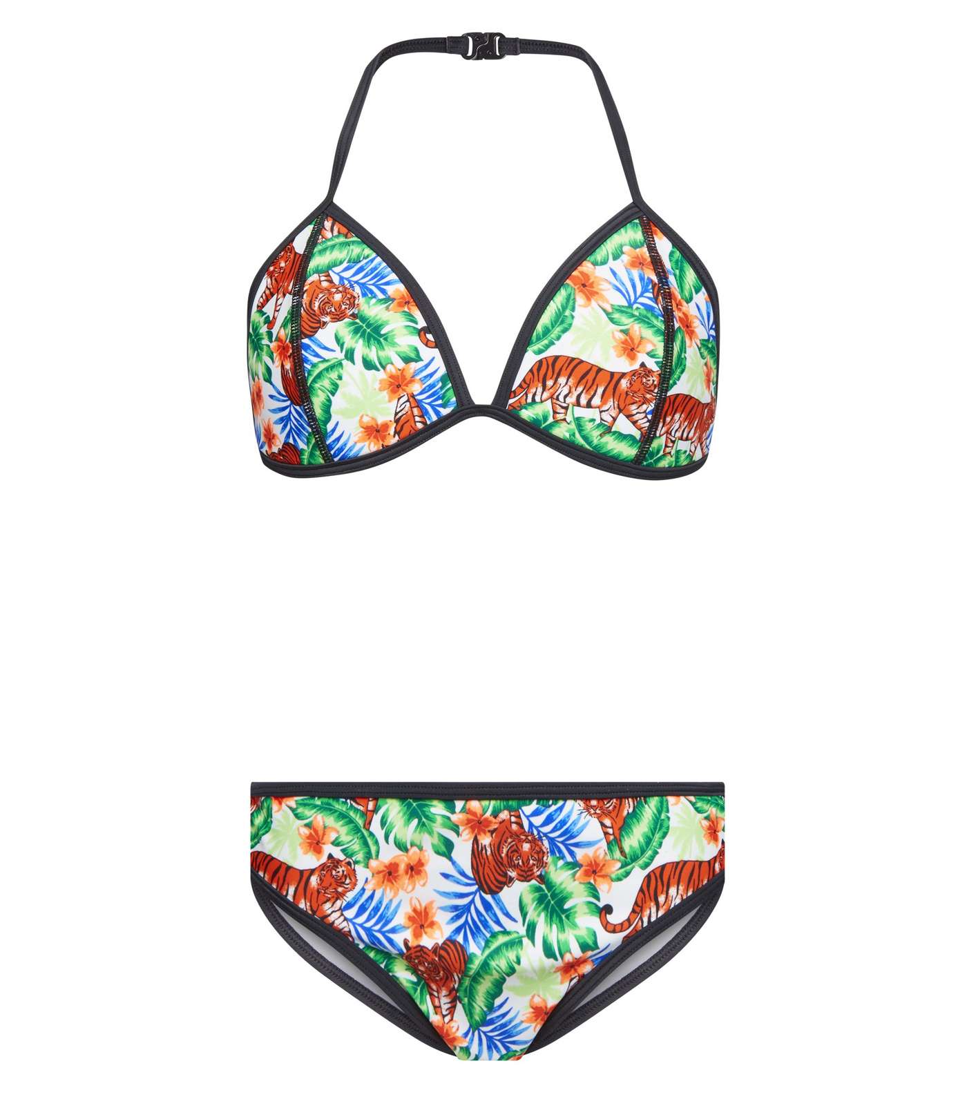 Girls White Tropical Tiger Print Bikini Set 