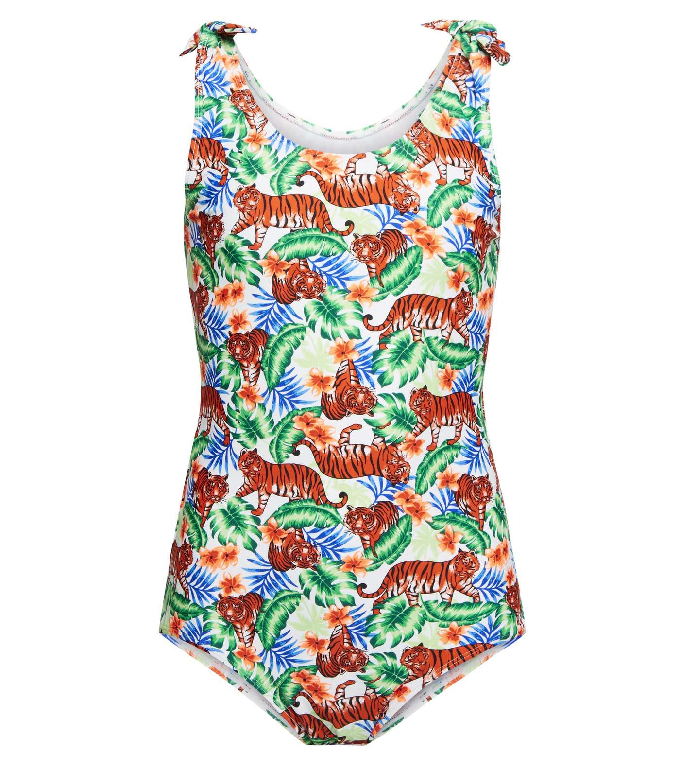 Girls White Tropical Tiger Print Swimsuit 