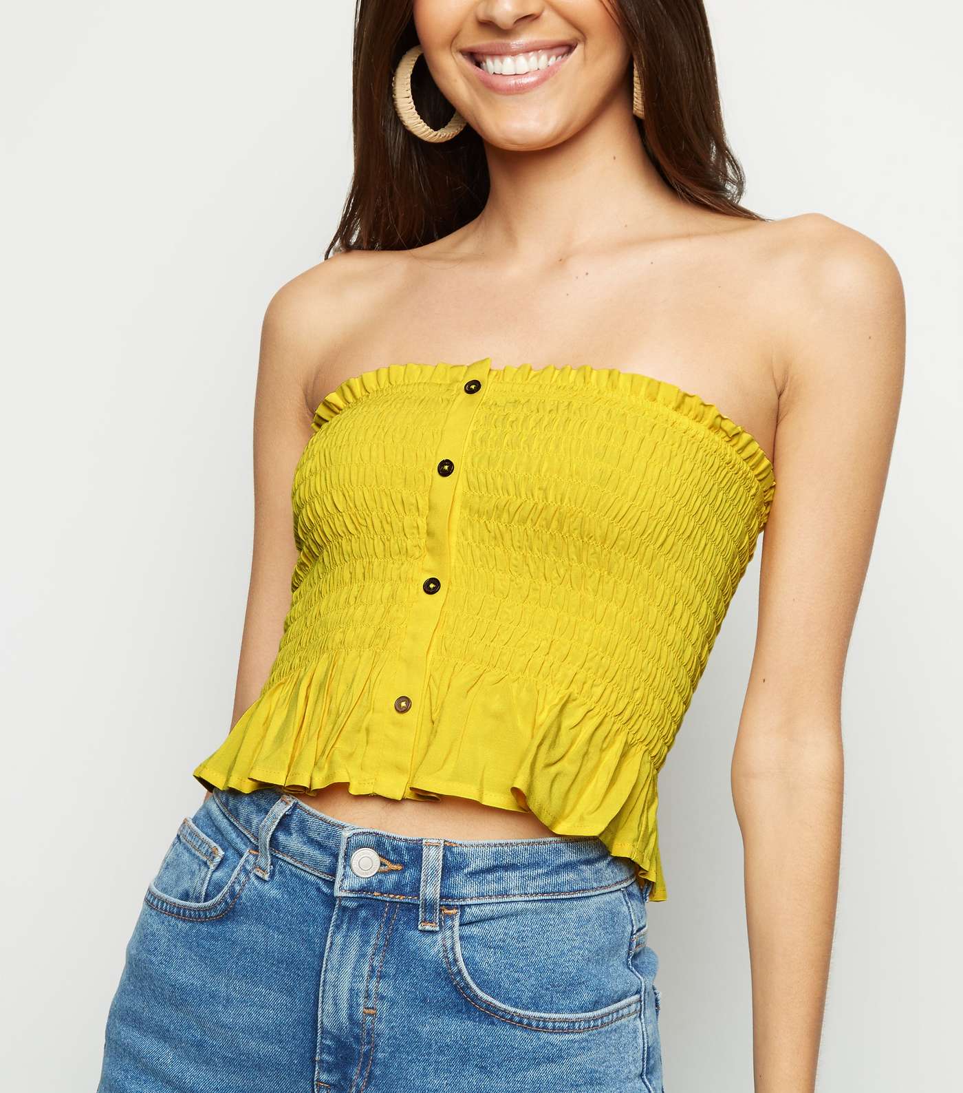 Yellow Shirred Button Front Bandeau Top