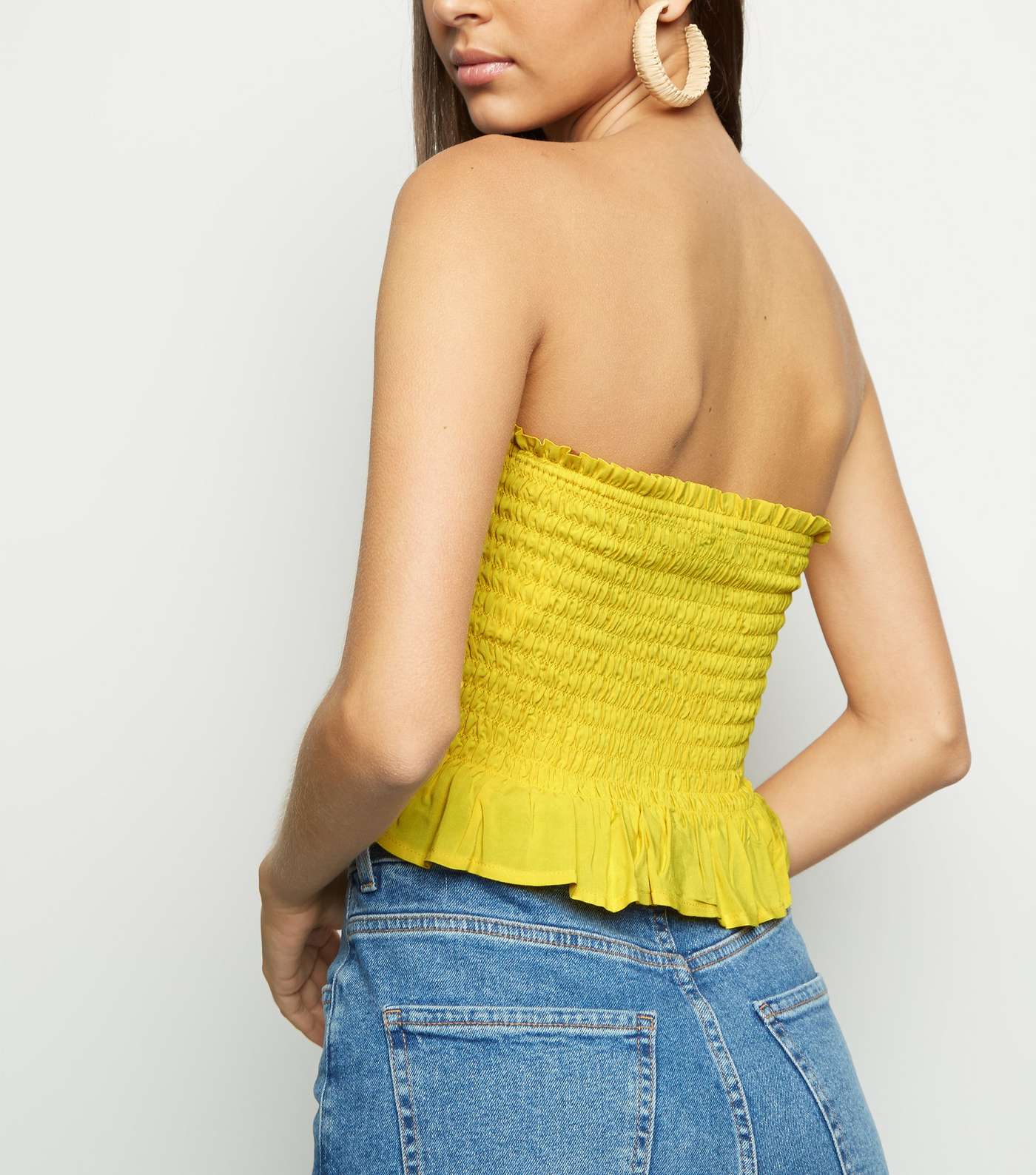 Yellow Shirred Button Front Bandeau Top Image 3