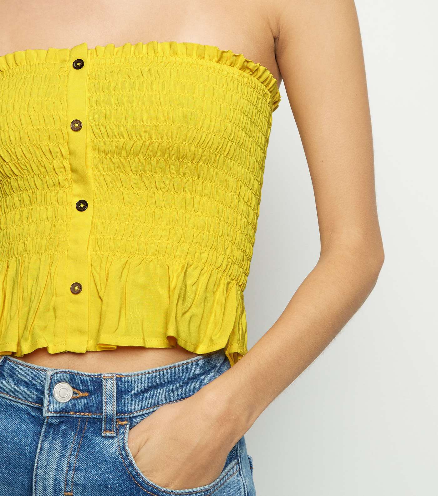Yellow Shirred Button Front Bandeau Top Image 5