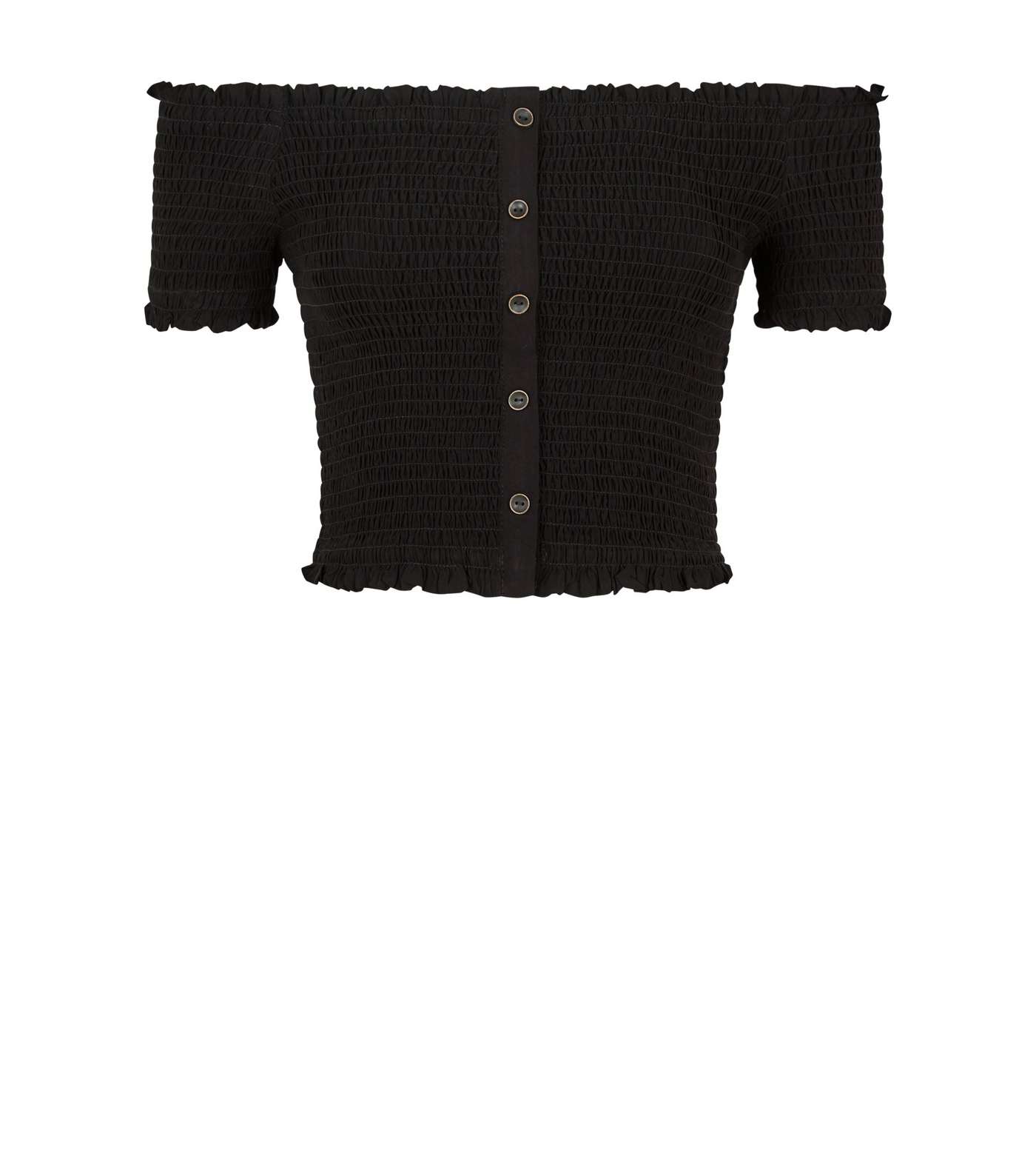 Black Shirred Button Front Bardot Top Image 4
