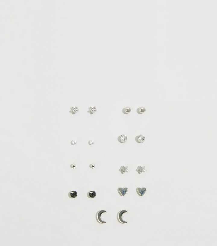 9 Pack Silver Mixed Tiny Stud Earrings | New Look