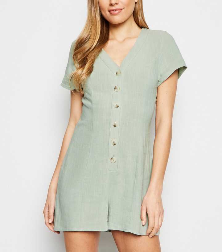Mint Green Linen Look Button Up Playsuit