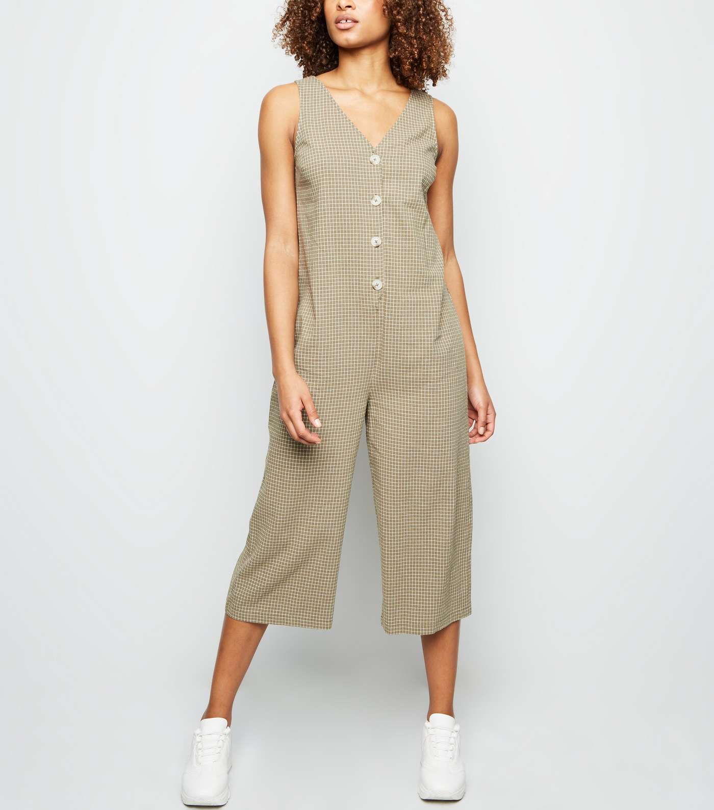 Green Grid Check Button Front Jumpsuit