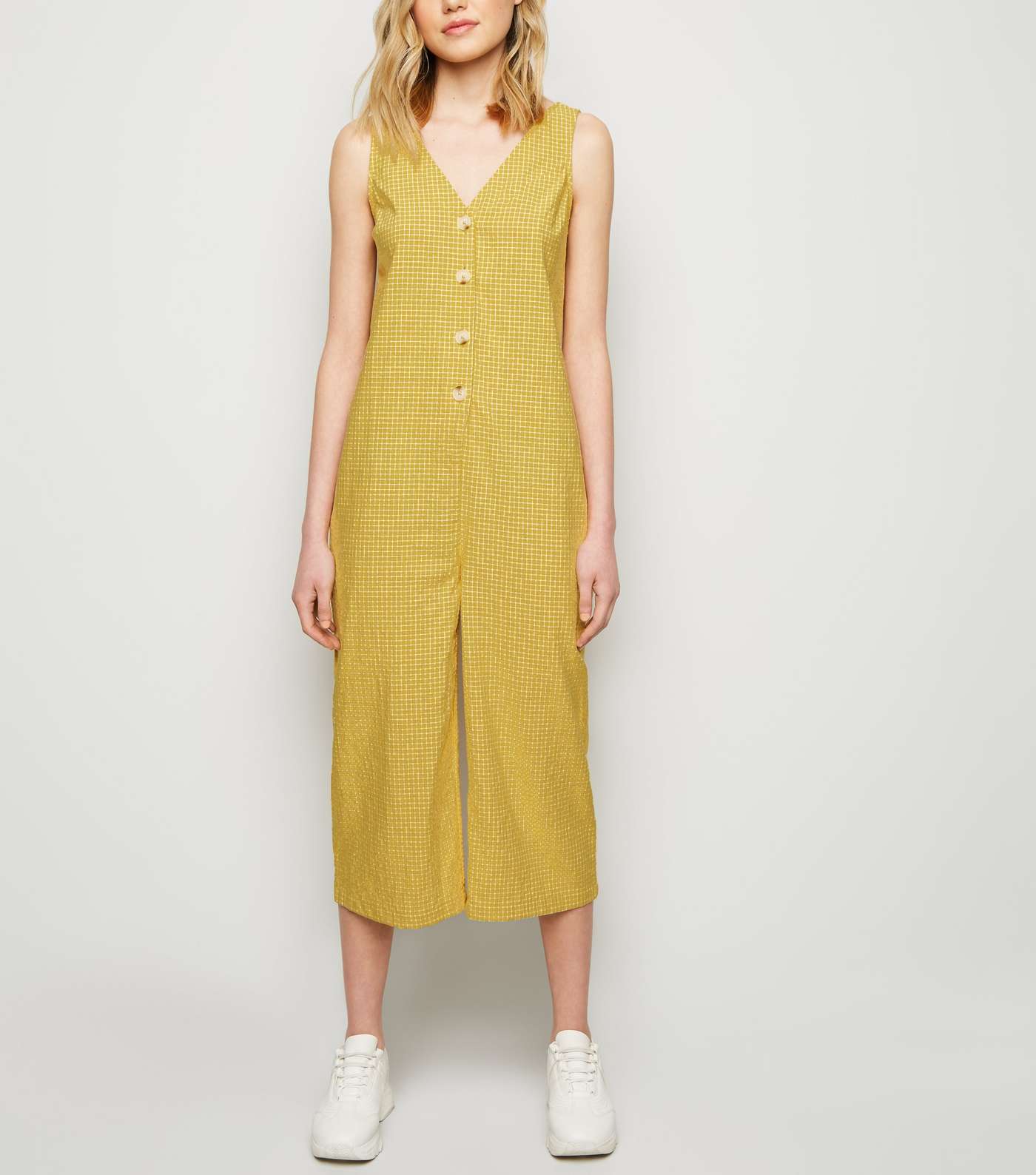 Mustard Grid Check Button Front Jumpsuit
