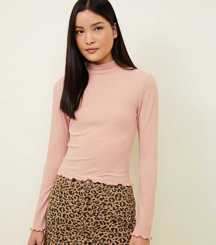 Pale Pink Ribbed Frill Hem Top 