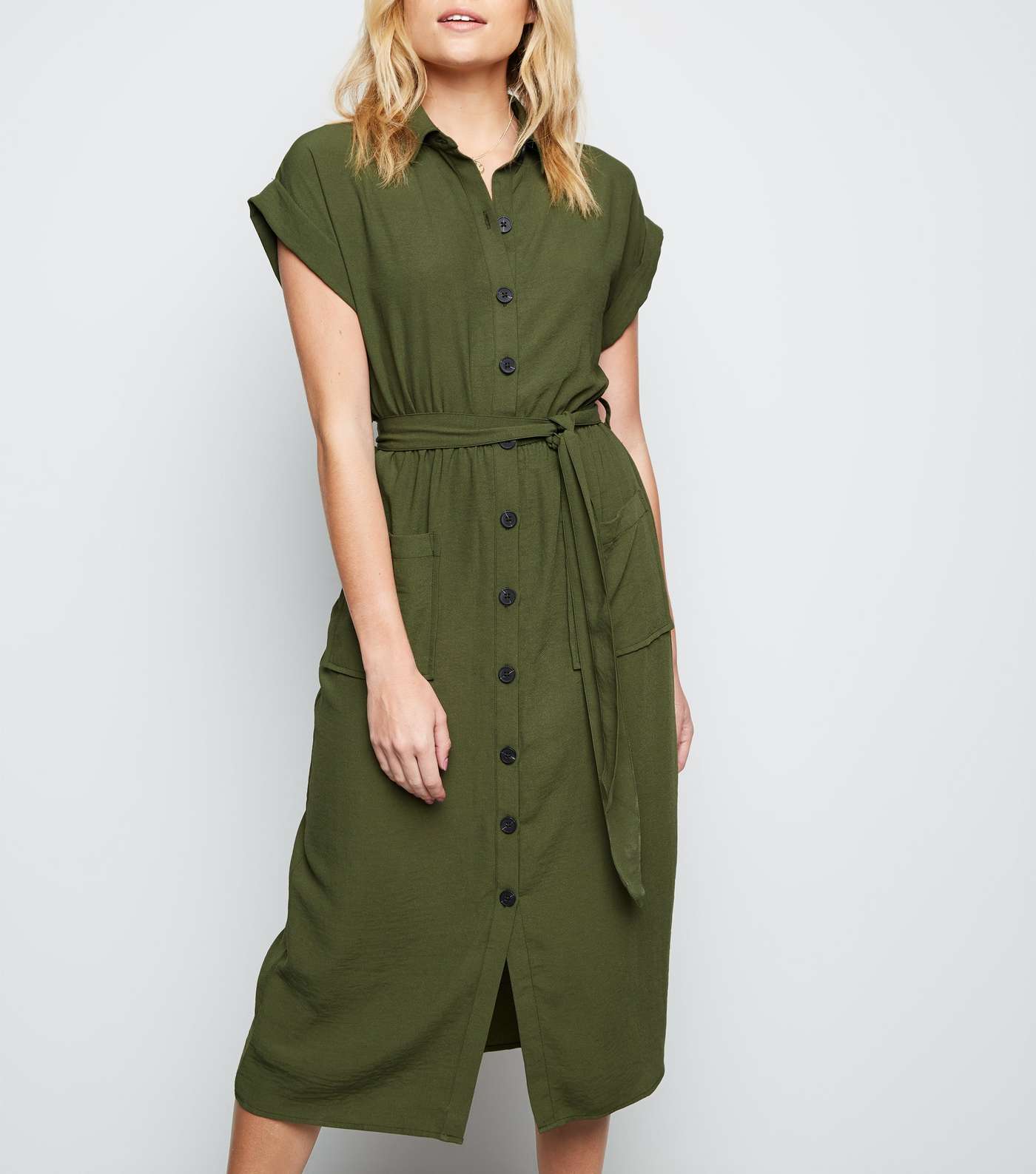 Khaki Short Sleeve Midi Shirt Dress  Image 2