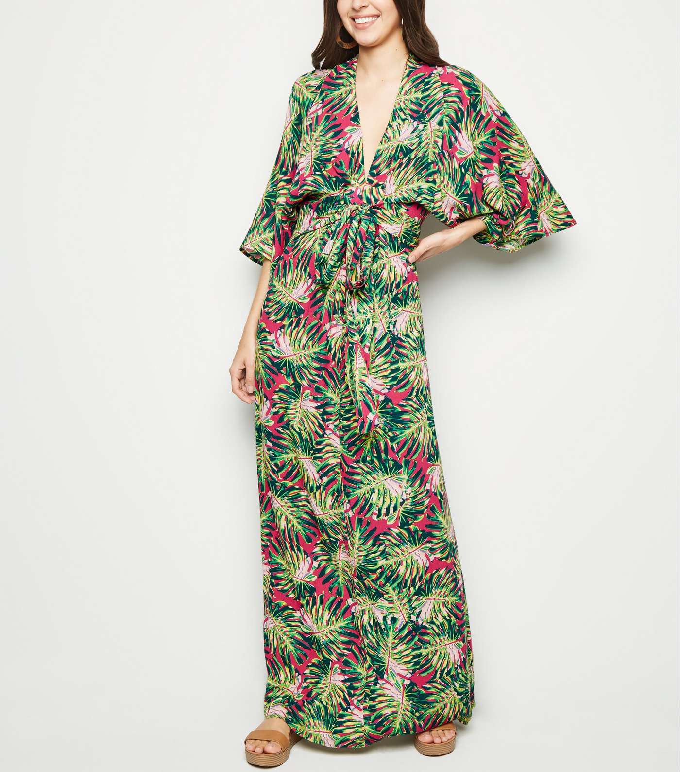 Blue Vanilla Pink Tropical Leaf Kimono Maxi Dress 