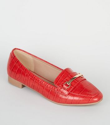 Wide Fit Red Faux Croc Loafers | New Look