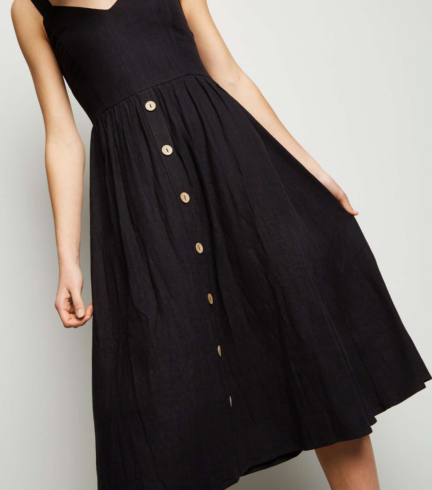 Black Linen Look Button Front Midi Dress Image 5