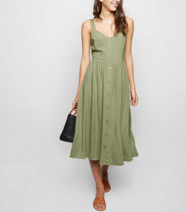 Khaki Linen Look Button Front Midi Dress