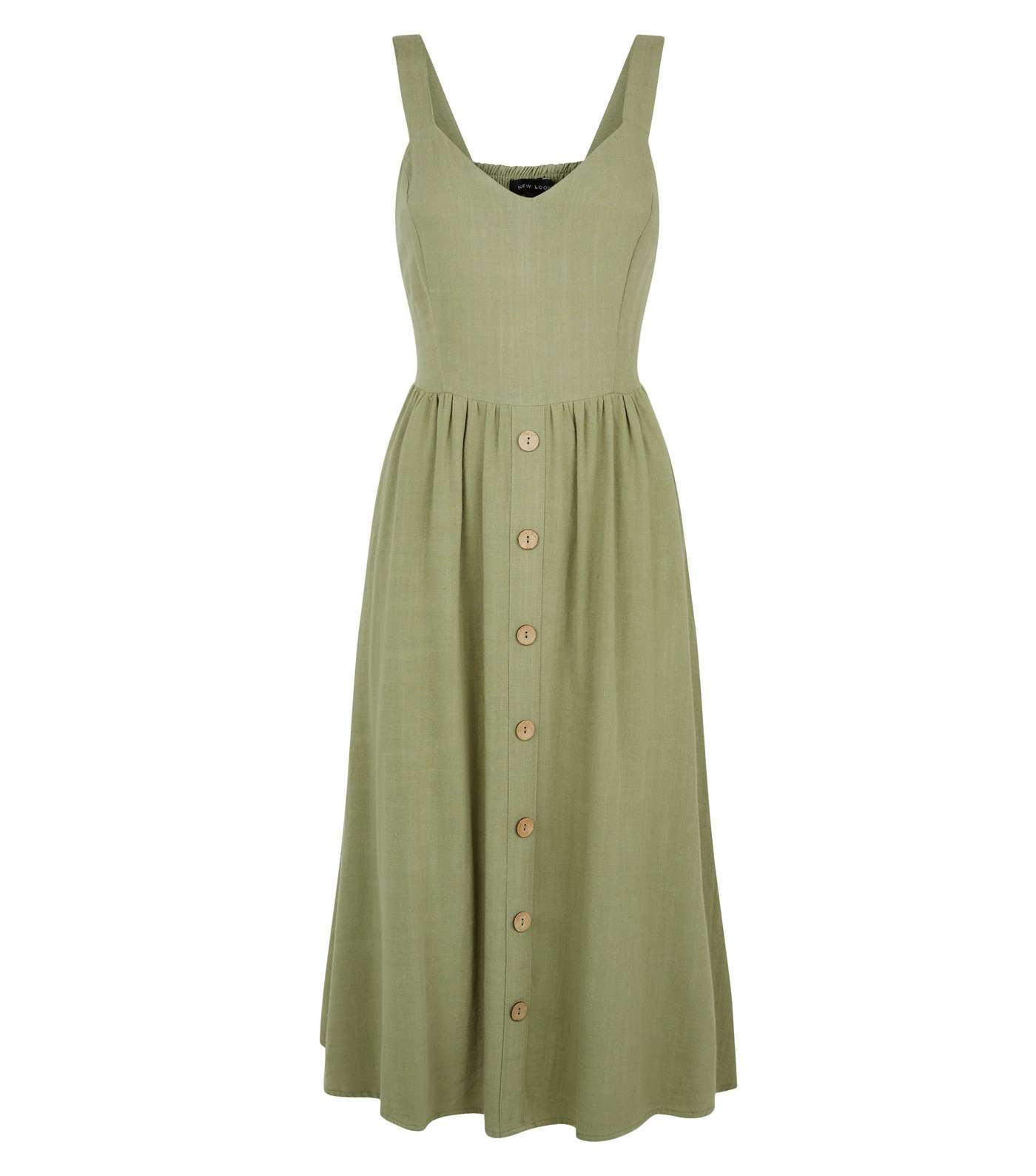 Khaki Linen Look Button Front Midi Dress Image 4