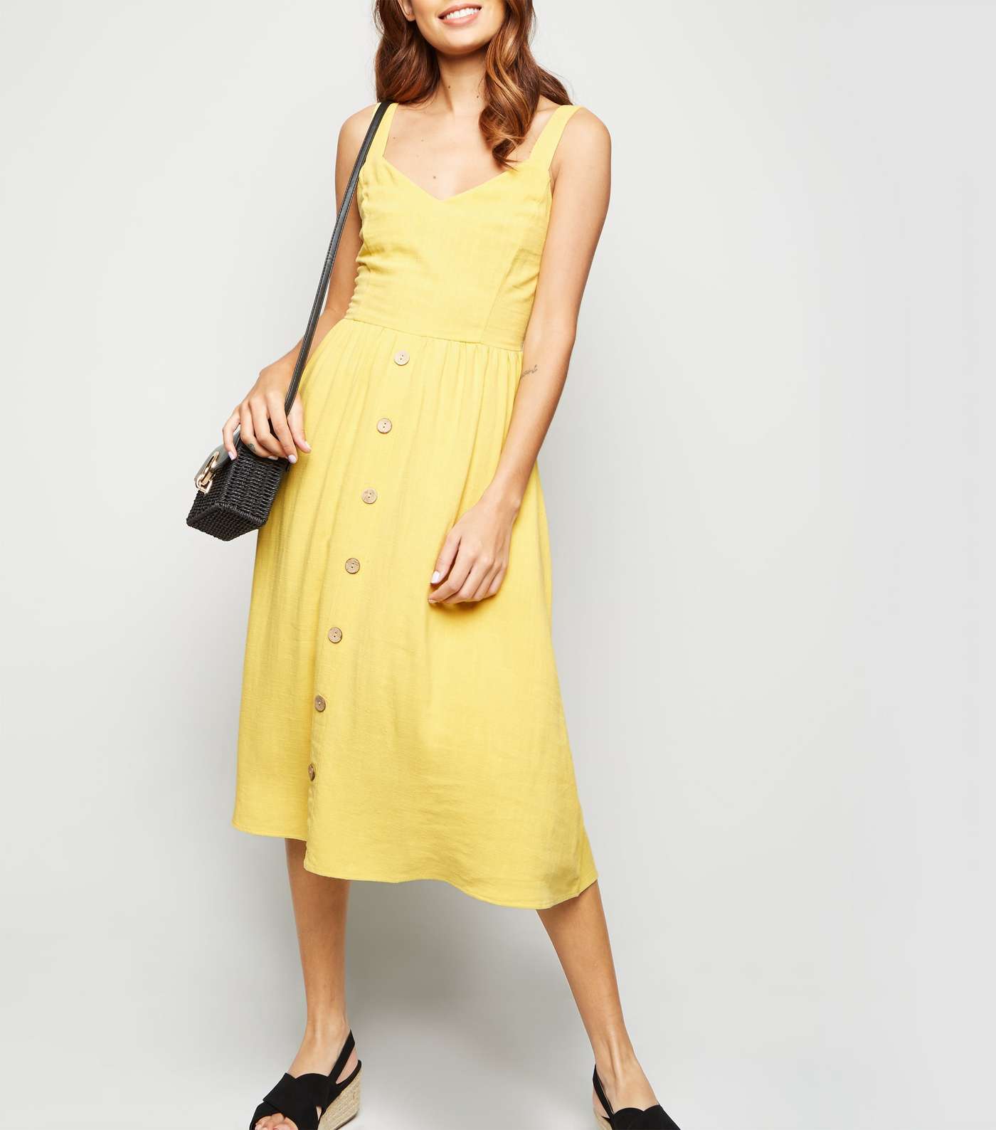 Yellow Linen Look Button Front Midi Dress
