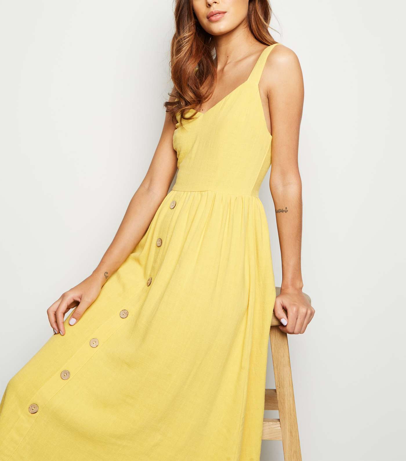 Yellow Linen Look Button Front Midi Dress Image 5