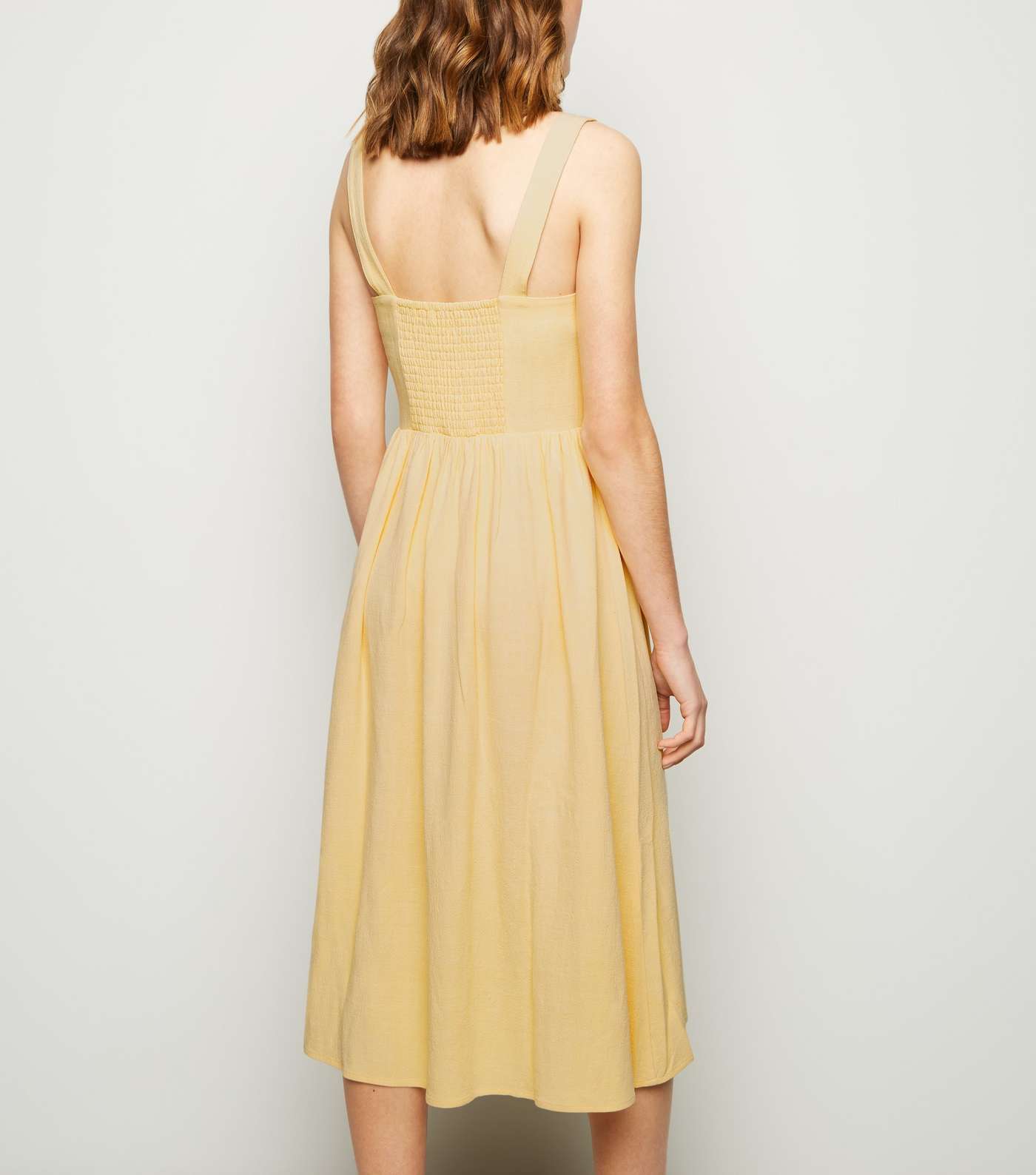 Pale Yellow Linen Look Button Front Midi Dress Image 2