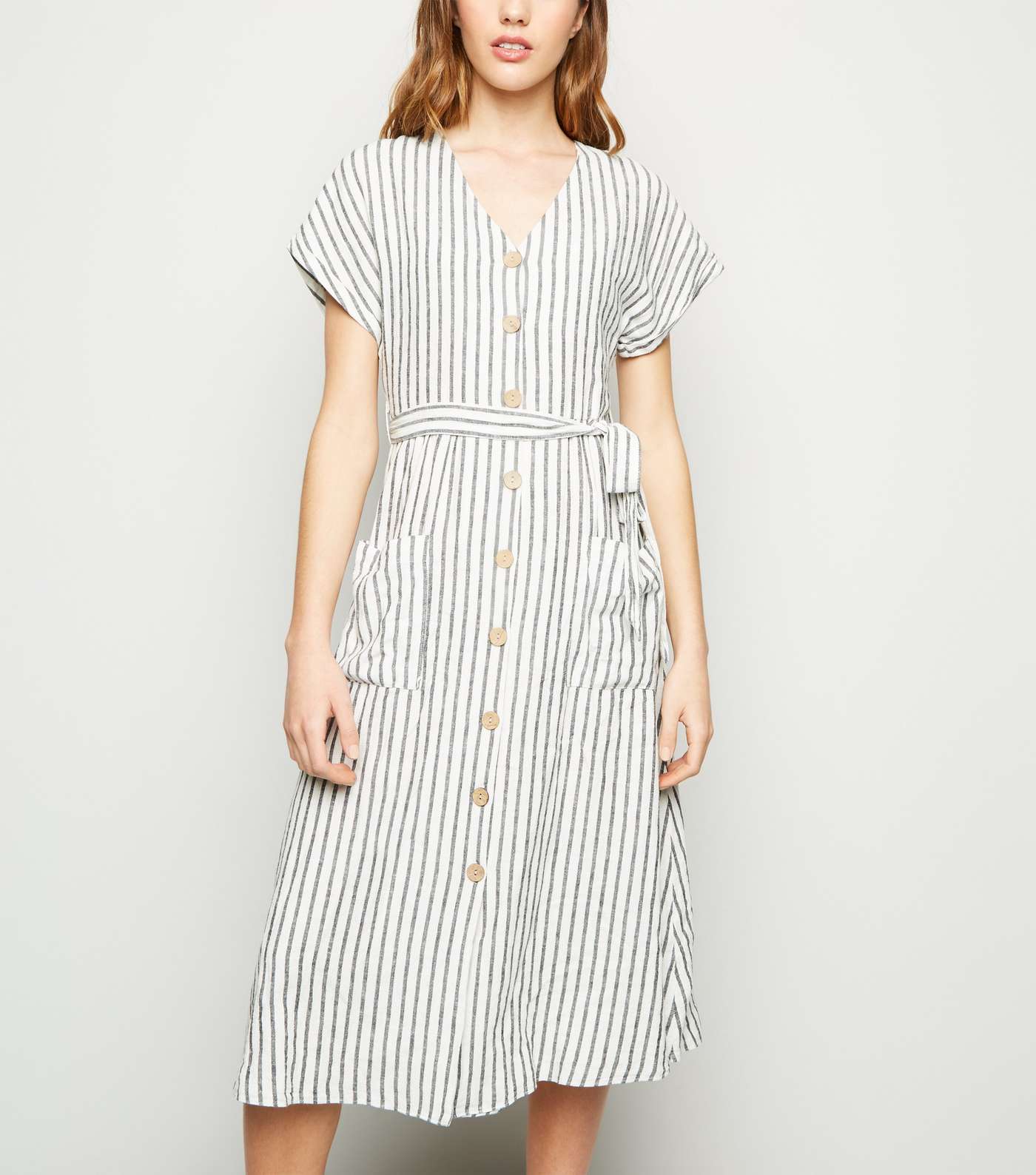 Off White Stripe Linen Blend Midi Dress