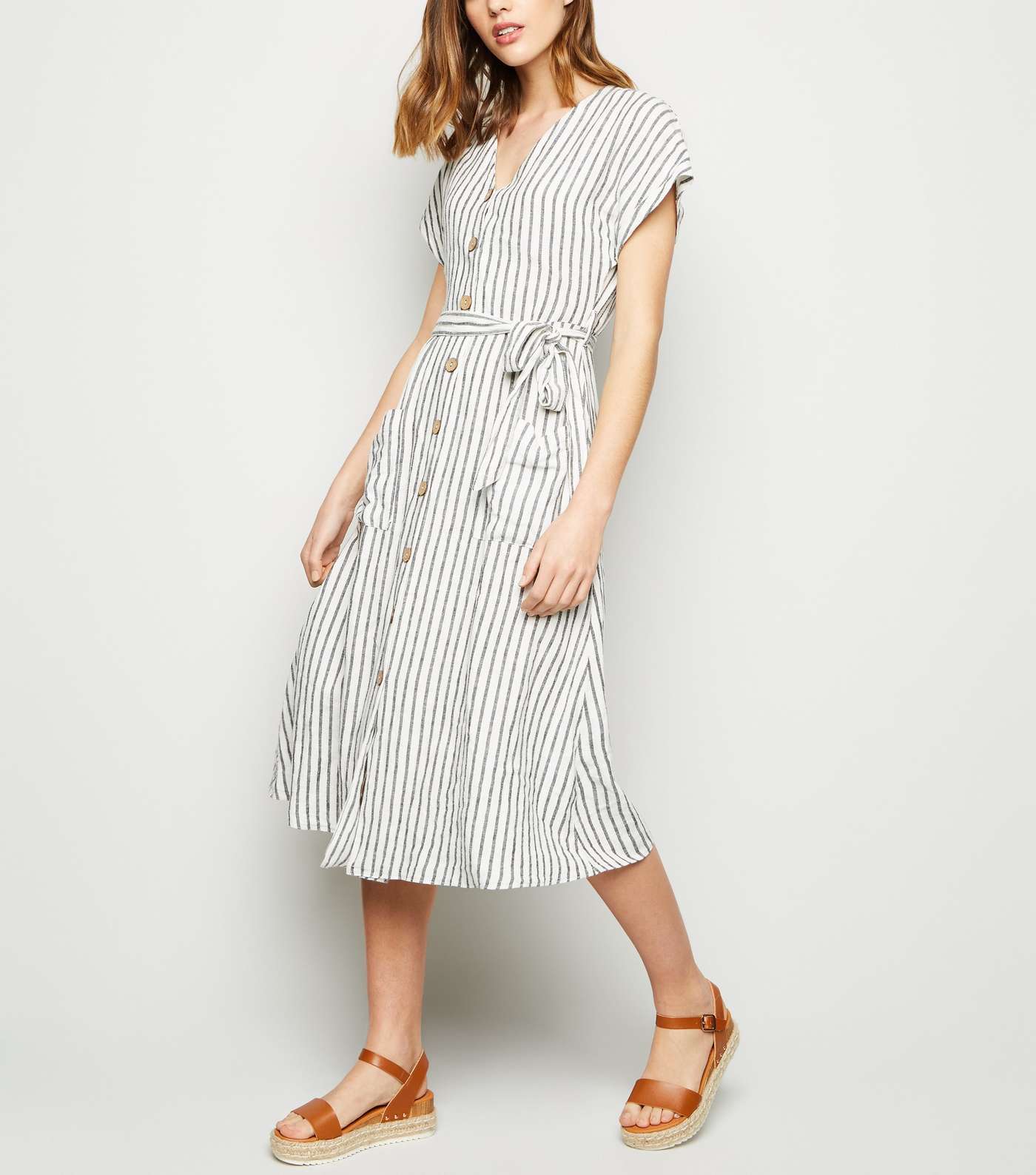 Off White Stripe Linen Blend Midi Dress Image 5