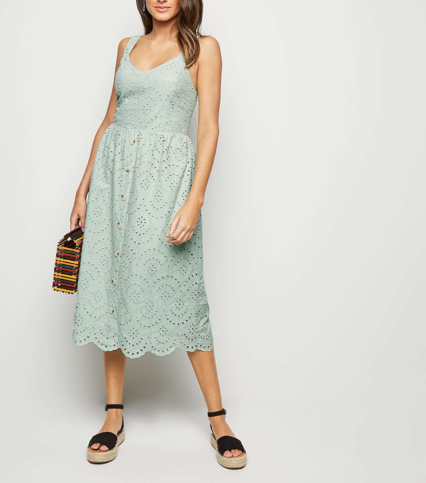 Mint Green Broderie Button Front Midi Dress