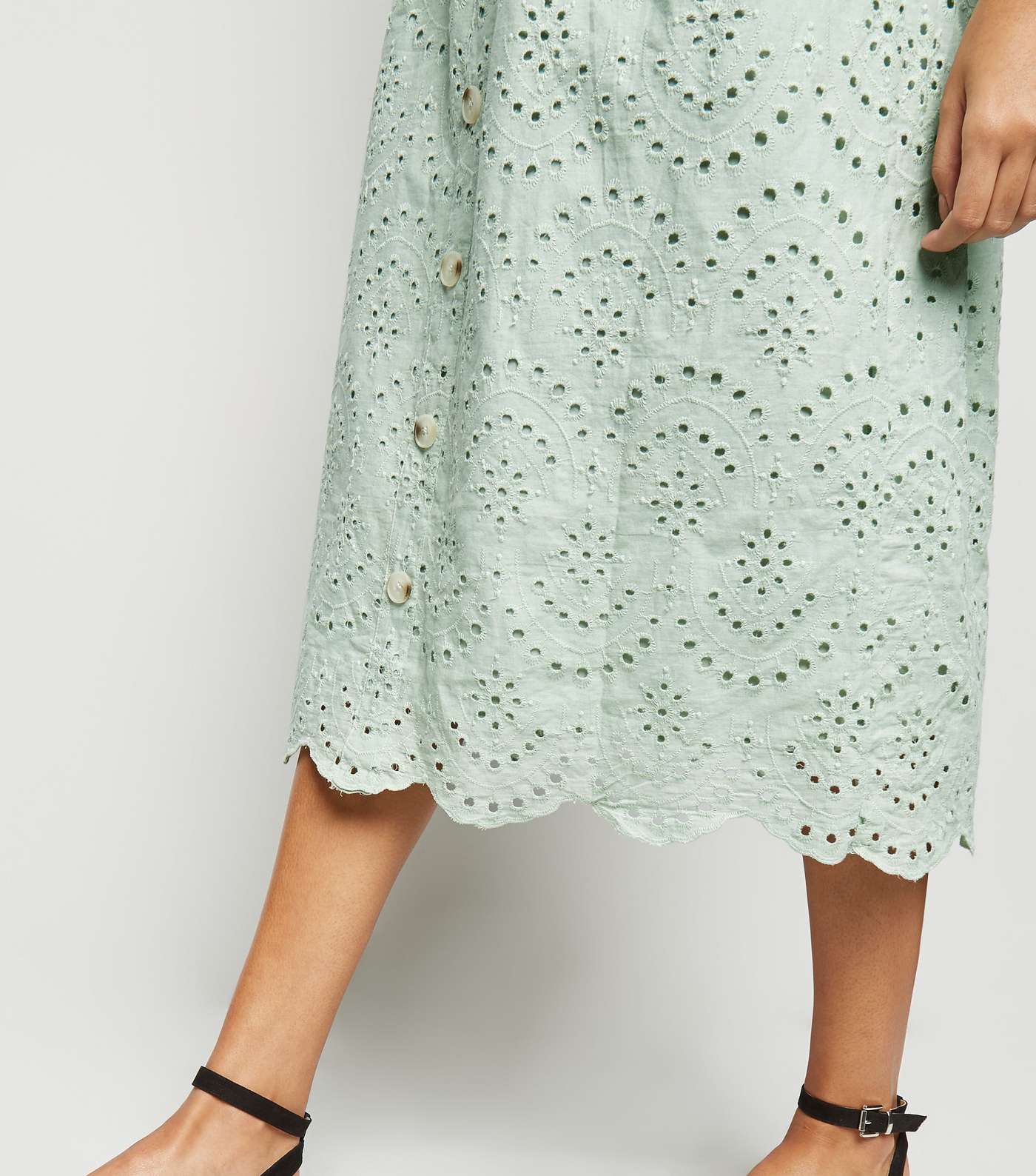 Mint Green Broderie Button Front Midi Dress Image 3