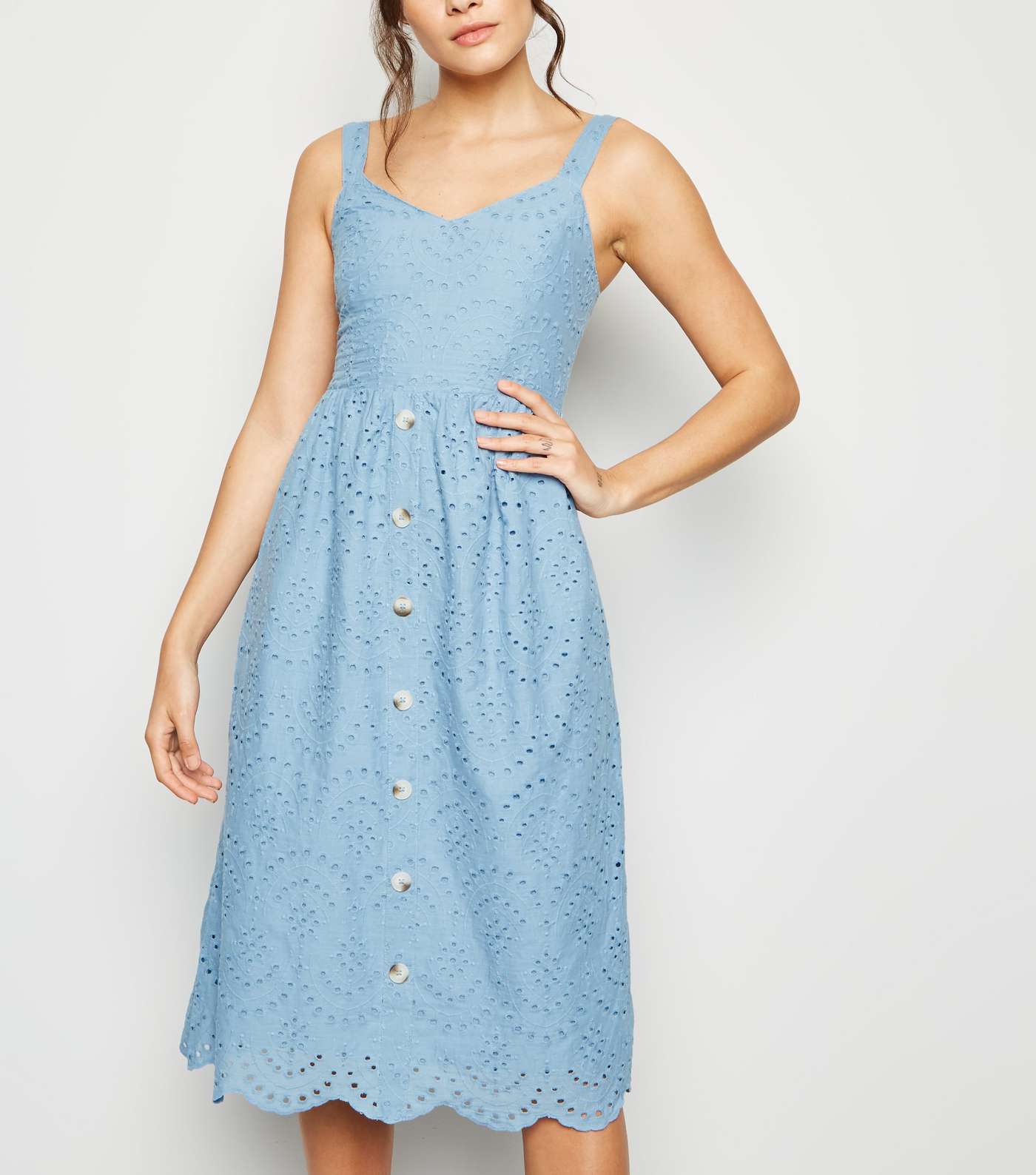 Blue Broderie Button Front Midi Dress