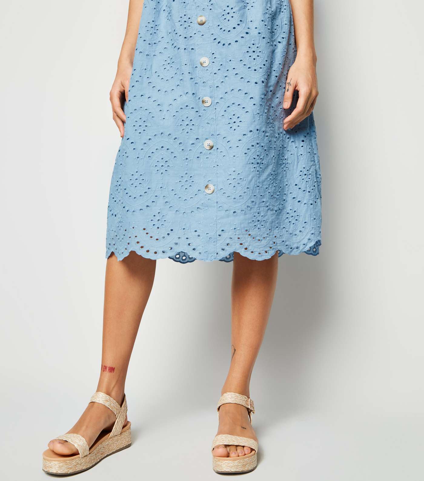 Blue Broderie Button Front Midi Dress Image 5